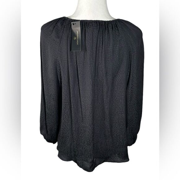 Worthington Black Silky Dot Print Flowy Balloon Sleeve Blouse - Picture 2 of 4